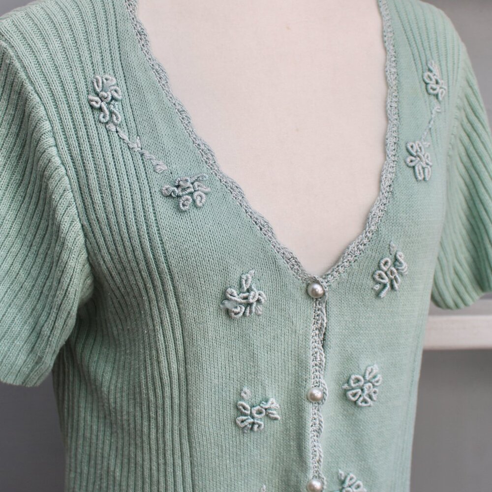 Rabbit Rabbit Rabbit Sage Green Floral Knit Short Sleeve Cardigan Size Medium/8 - Picture 3 of 7